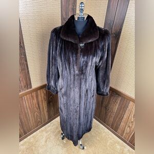 FULL LENGTH VINTAGE BRUNO FURS DARK BROWN RANCH MINK FUR COAT JACKET LARGE